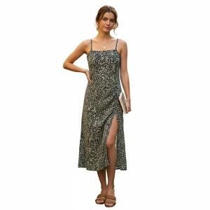 NWT PacSun Green White MIDI Slip Dress Ditsy Floral Leg Slit LA Hearts S